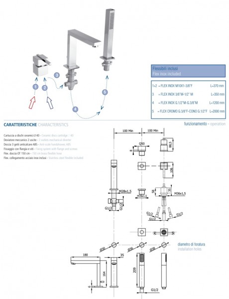 Габаритный чертеж смесителя на борт ванны Vega QUADRO LUX на 3 отверстия