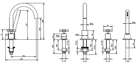 Габаритный чертеж смесителя на борт ванны Vega SPAZIO LUX на 4 отверстия
