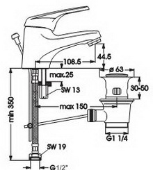 Габаритный чертеж смесителя для умывальника VIDIMA Сева-М B1849AA
