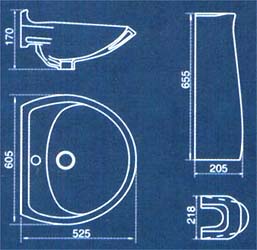 Габаритный чертеж умывальника "Элисса" (О) с пьедесталом, в комплекте с сифоном, креплением