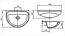 Габаритный чертеж умывальника "ЭЛЕГАНТ"(С) белый, без комплекта