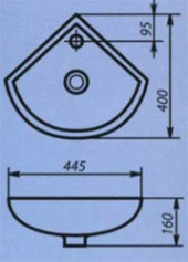 Габаритный чертеж углового умывальника тип 2 (К) без сифона и крепежа